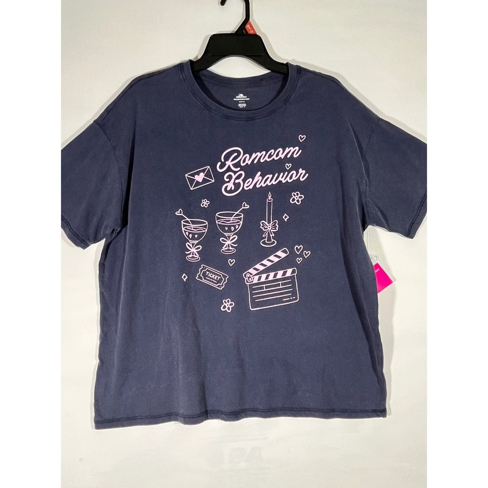 Way to Celebrate Romcom Behavior Graphic Tee Women M Navy Pink Oversized Love
